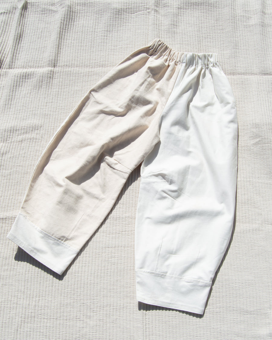 Patchwork Undyed Denim & Canvas Barrel Pant, S/M